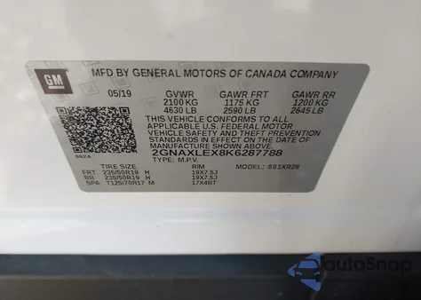 2019 Chevrolet Equinox Lt z USA, uszkodzony, nr VIN 2GNAXLEX8K6287788